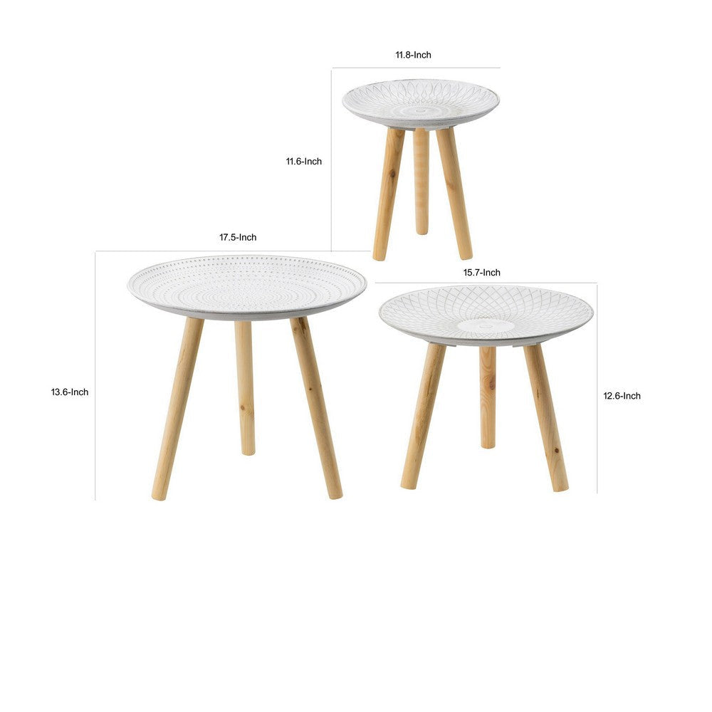 12 16 18 Inch Side Tables Set of 3 White Finished Pattern MDF Top Brown By Casagear Home BM311930