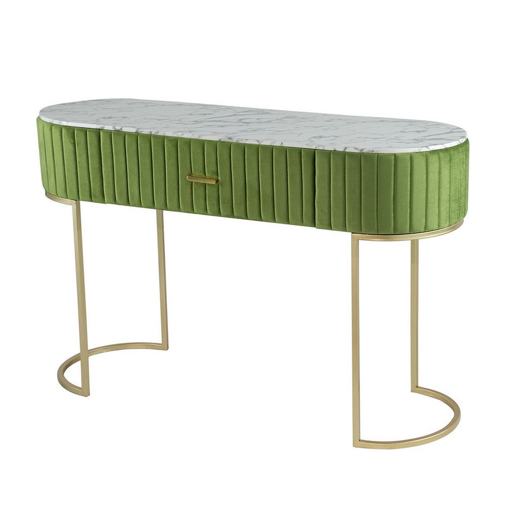 Jeah 47 Inch Console Table, 1 Drawer, Curved Gold Iron Base, Green Fabric By Casagear Home