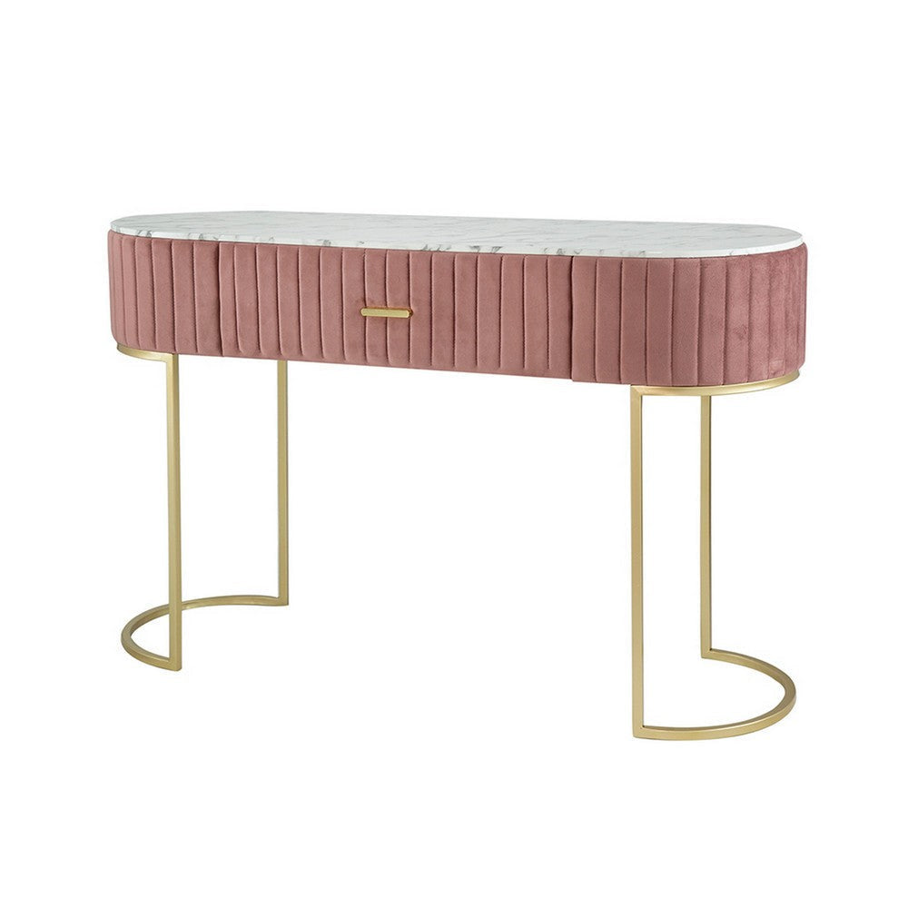 Jeah 47 Inch Console Table, 1 Drawer, Curved Gold Iron Base, Pink Fabric By Casagear Home