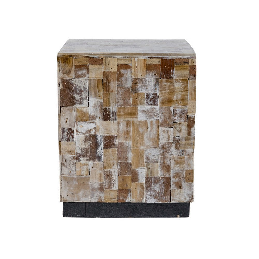 19 Inch Side End Table Stool Square Resin Patchwork Style Design Brown By Casagear Home BM311956