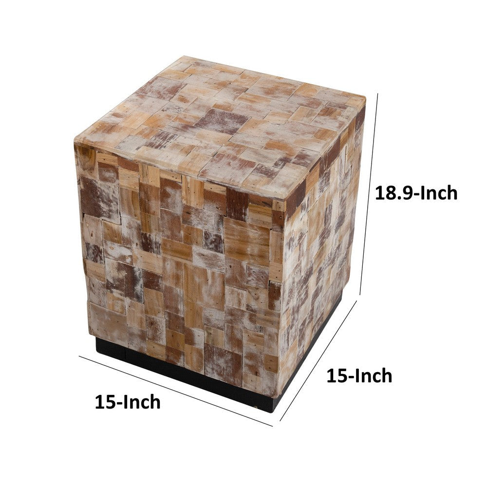 19 Inch Side End Table Stool Square Resin Patchwork Style Design Brown By Casagear Home BM311956