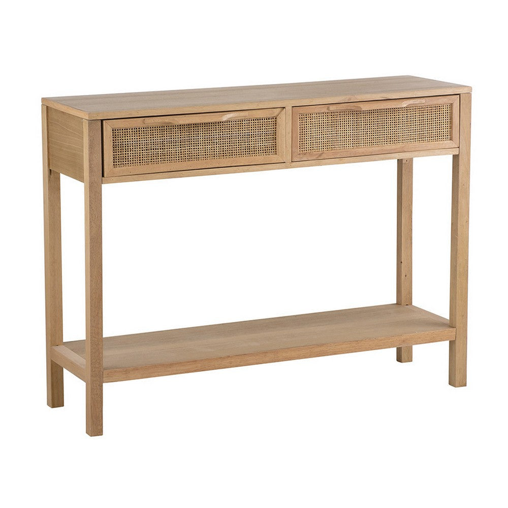 39 Inch Sofa Table, 2 Drawers, Rattan Cane Design, MDF, Pine Wood, Brown By Casagear Home