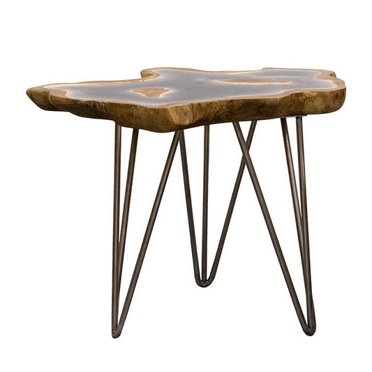 20 Inch Side Accent Table, Natural Edges, Hairpin Legs, Gray Resin, Brown By Casagear Home