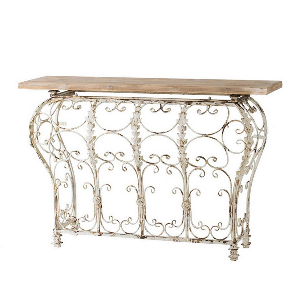 55 Inch Console Sofa Table with Scrollwork, Iron Curved Base, Wood, White By Casagear Home