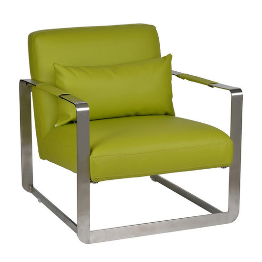 29 Inch Accent Lounge Chair, Cushion, Stainless Steel, Green Faux Leather By Casagear Home