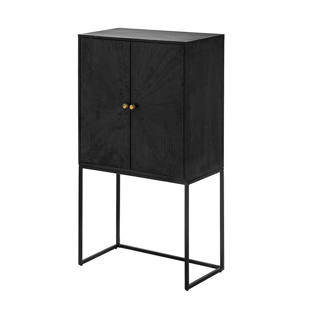 59 Inch Accent Cabinet, 2 Doors, Iron Stand, Acacia Wood, MDF, Black  By Casagear Home