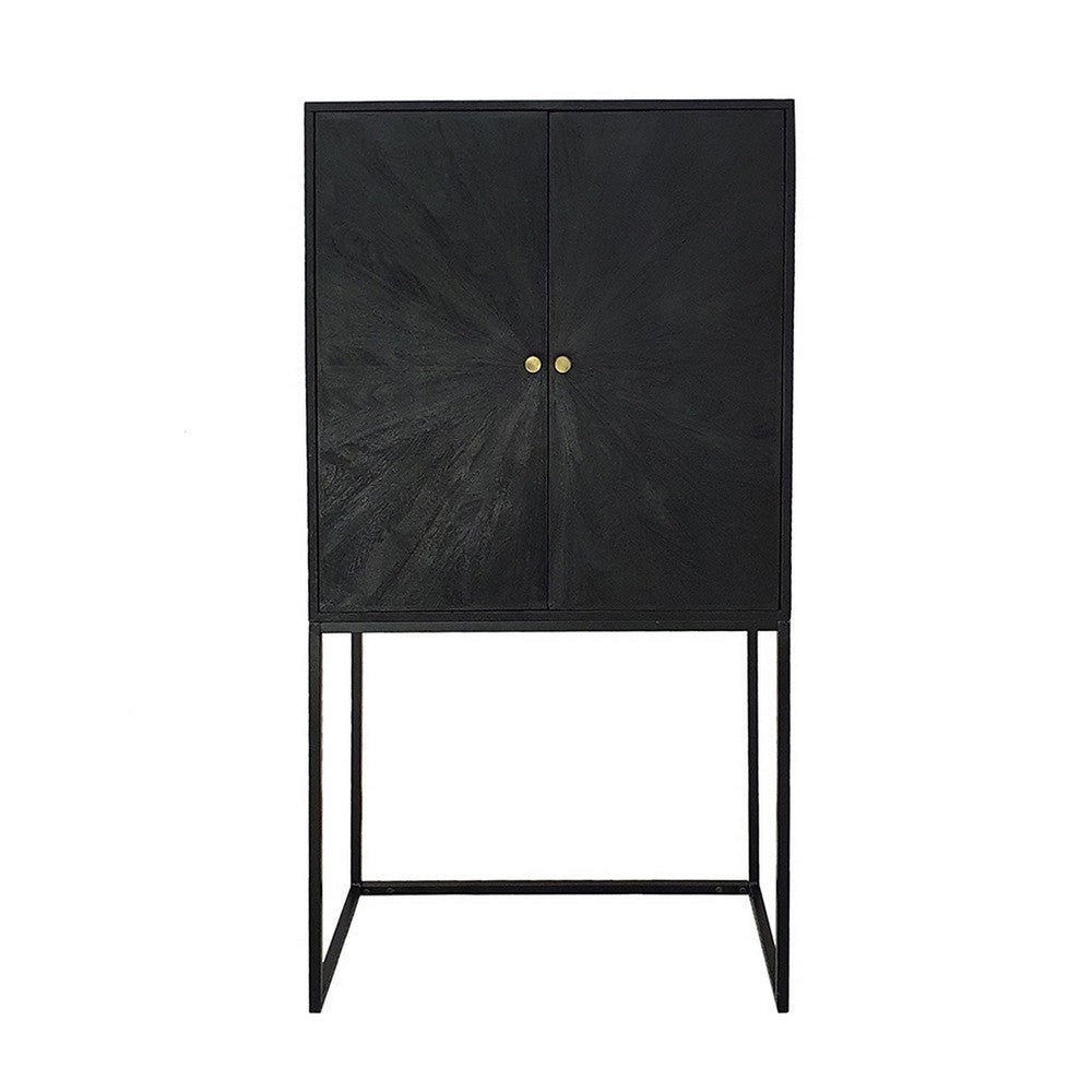 59 Inch Accent Cabinet 2 Doors Iron Stand Acacia Wood MDF Black By Casagear Home BM311994