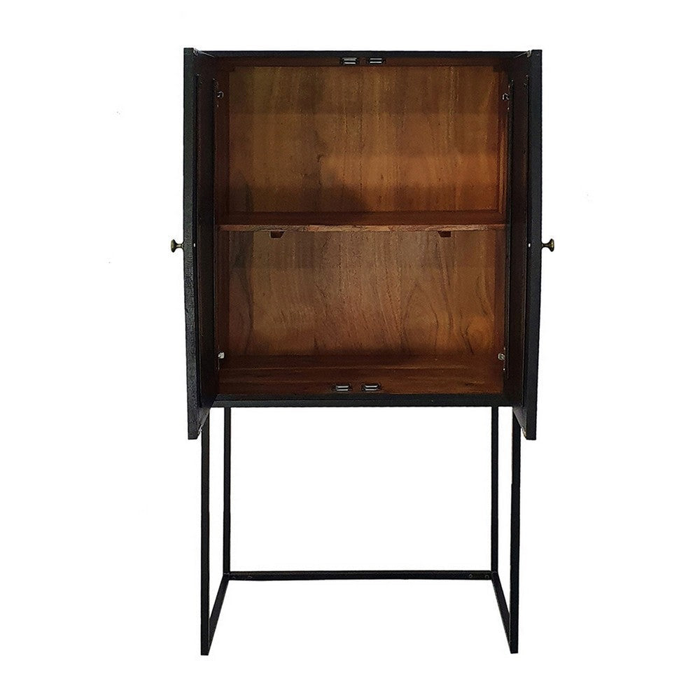 59 Inch Accent Cabinet 2 Doors Iron Stand Acacia Wood MDF Black By Casagear Home BM311994