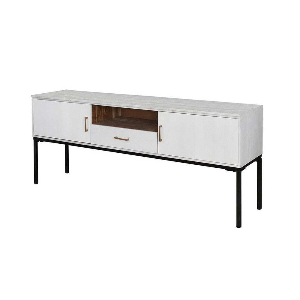 72 Inch TV Media Entertainment Console, 2 Doors, White Wood, Black Iron By Casagear Home