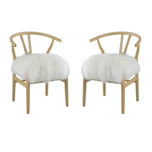 44 Inch Accent Chair Set of 2, White Faux Fur, Wishbone, Beige Ash Wood By Casagear Home