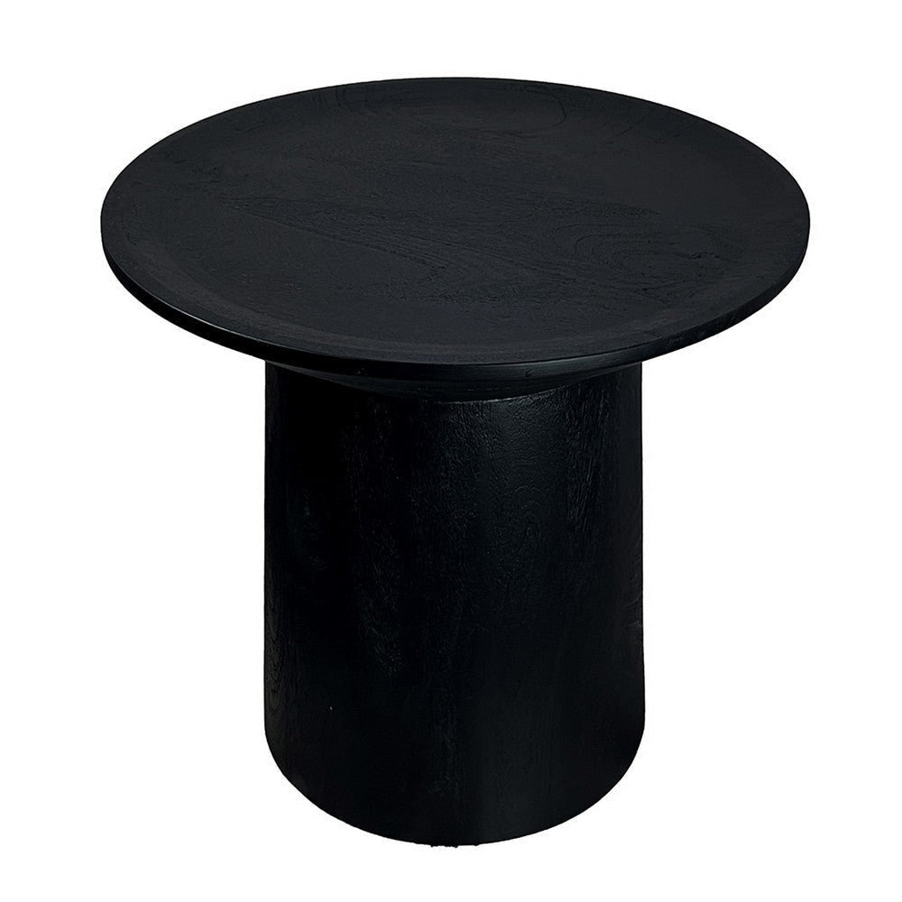 20 Inch Side End Table Round Mango Wood Top Cylindrical Base Black By Casagear Home BM312081