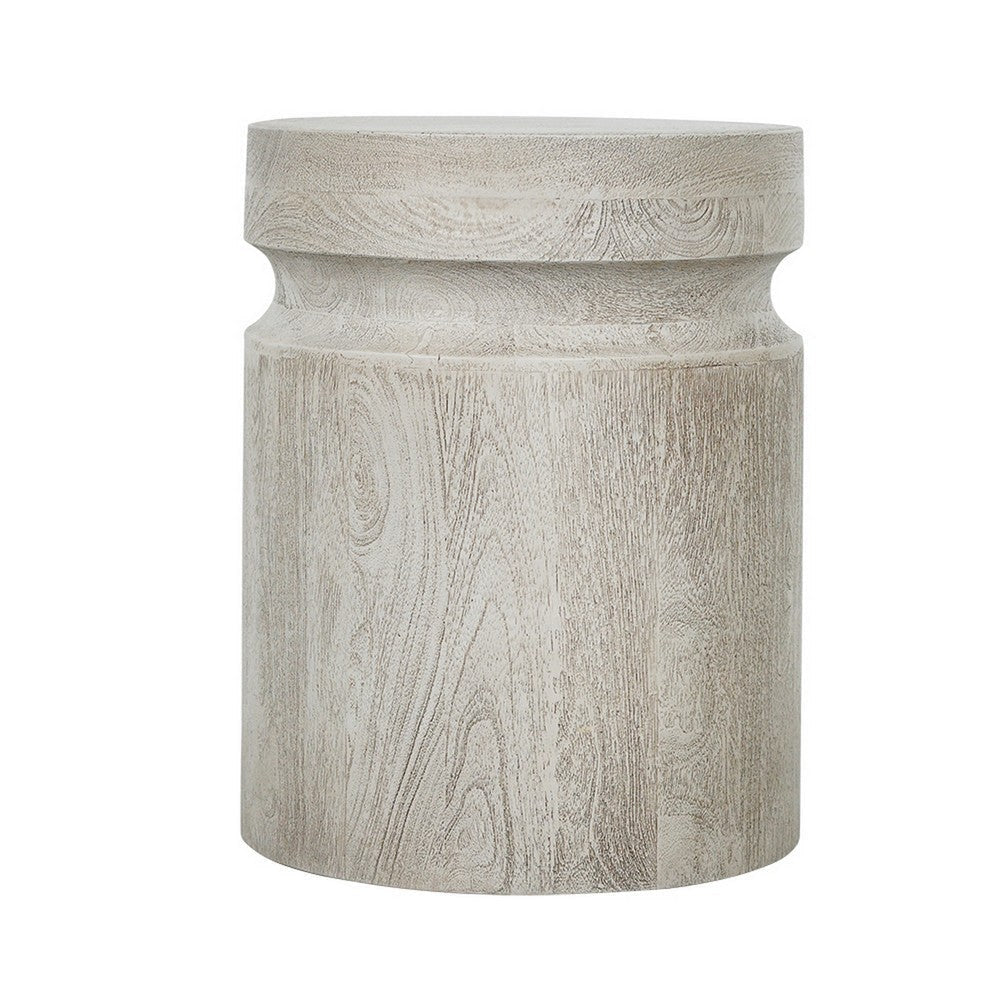 Kiv 18 Inch Side End Table, Round Mango Wood Top, Carved Accent Base, Gray By Casagear Home