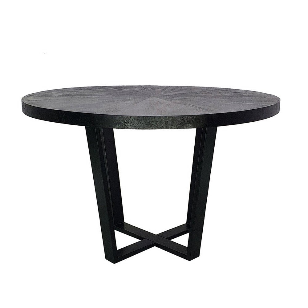 Raj 47 Inch Round Dining Table Cross Legs Design Black Acacia Wood Iron By Casagear Home BM312094