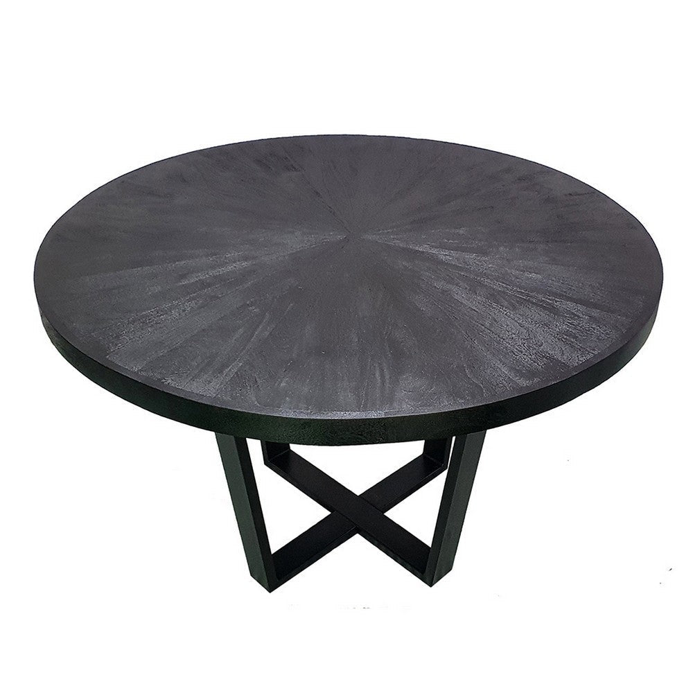 Raj 47 Inch Round Dining Table Cross Legs Design Black Acacia Wood Iron By Casagear Home BM312094