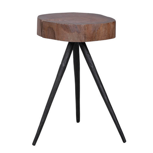 24 Inch Side End Table, Round Mango Wood Brown Tree Top, Black Metal Tripod By Casagear Home