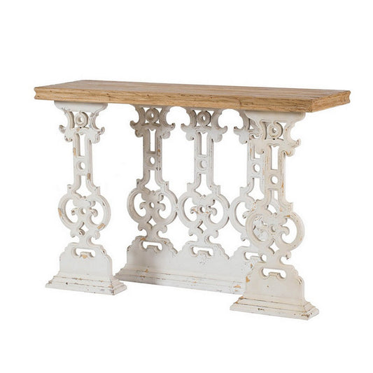 47 Inch Console Sofa Table, Fir Wood Rectangular Top, White Carved Legs By Casagear Home