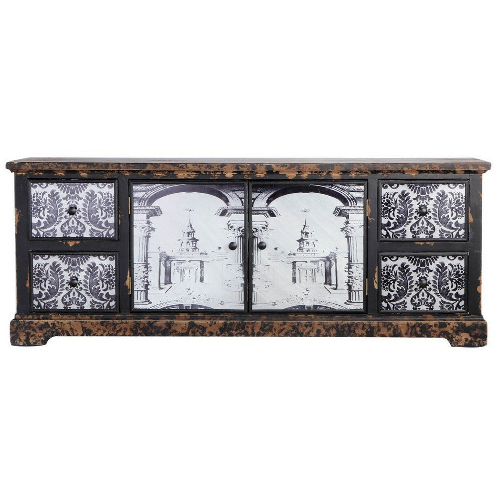 57 Inch Accent Sideboard Cabinet White Damask Print Drawers Brown Wood By Casagear Home BM312110