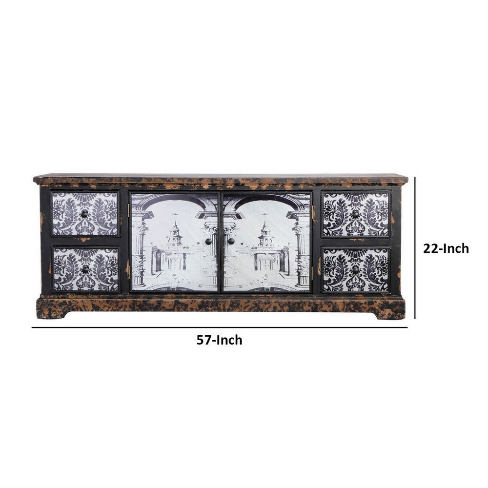 57 Inch Accent Sideboard Cabinet White Damask Print Drawers Brown Wood By Casagear Home BM312110