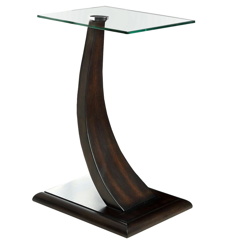 24 Inch Side Table, Curved Panel Base Design, Glass, Dark Brown Wood Finish By Casagear Home