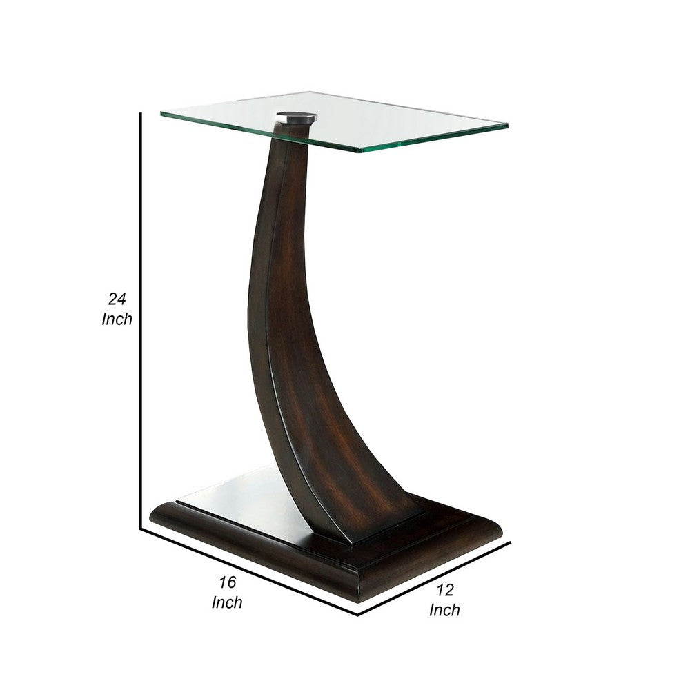 24 Inch Side Table Curved Panel Base Design Glass Dark Brown Wood Finish By Casagear Home BM312122