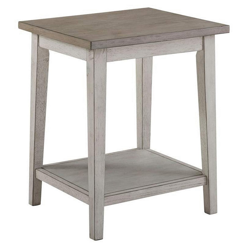 Eleni 24 Inch Side Table, Square Bottom Shelf, Antique White and Gray Wood By Casagear Home