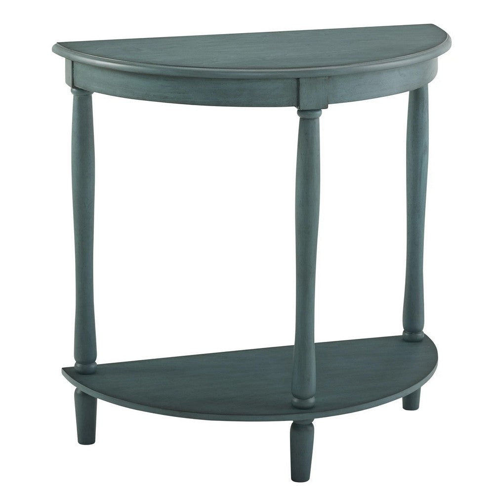 Kiana 28 Inch Side End Table, Bottom Shelf, Semicircle, Antique Teal Wood By Casagear Home