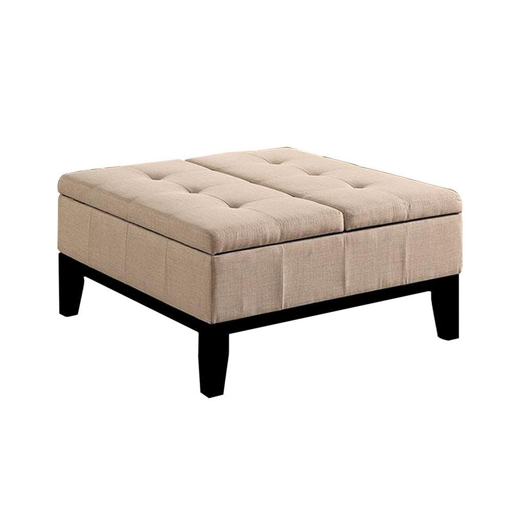 Orin 36 Inch Ottoman, Split Storage Lid, Tufted Beige Upholstery, Wood By Casagear Home