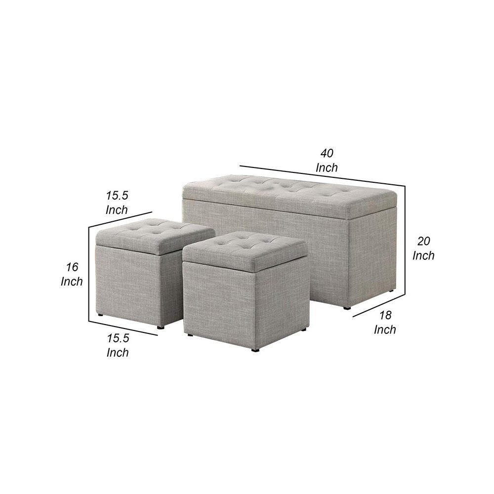 Uriel 3 Piece Storage Bench and 2 Nesting Ottomans Tufted Light Gray Beige By Casagear Home BM312135