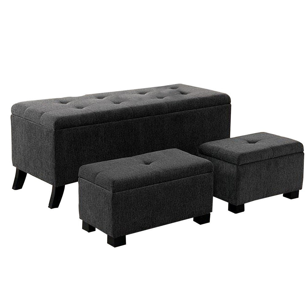 Uriel 3 Piece Storage Bench and 2 Nesting Ottomans, Tufted Dark Gray Fabric By Casagear Home