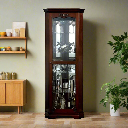 72 Inch Corner Curio Cabinet, 5 Shelves, Tempered Glass Door, Brown Wood By Casagear Home