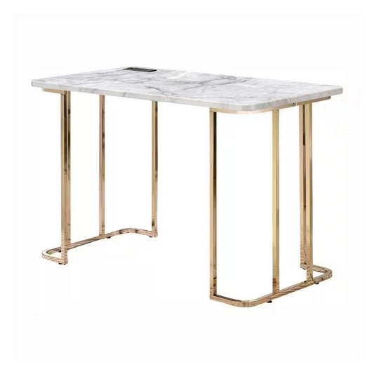 Jenny 47 Inch Desk, USB Power Outlet, Gold Metal Legs, White Faux Marble By Casagear Home