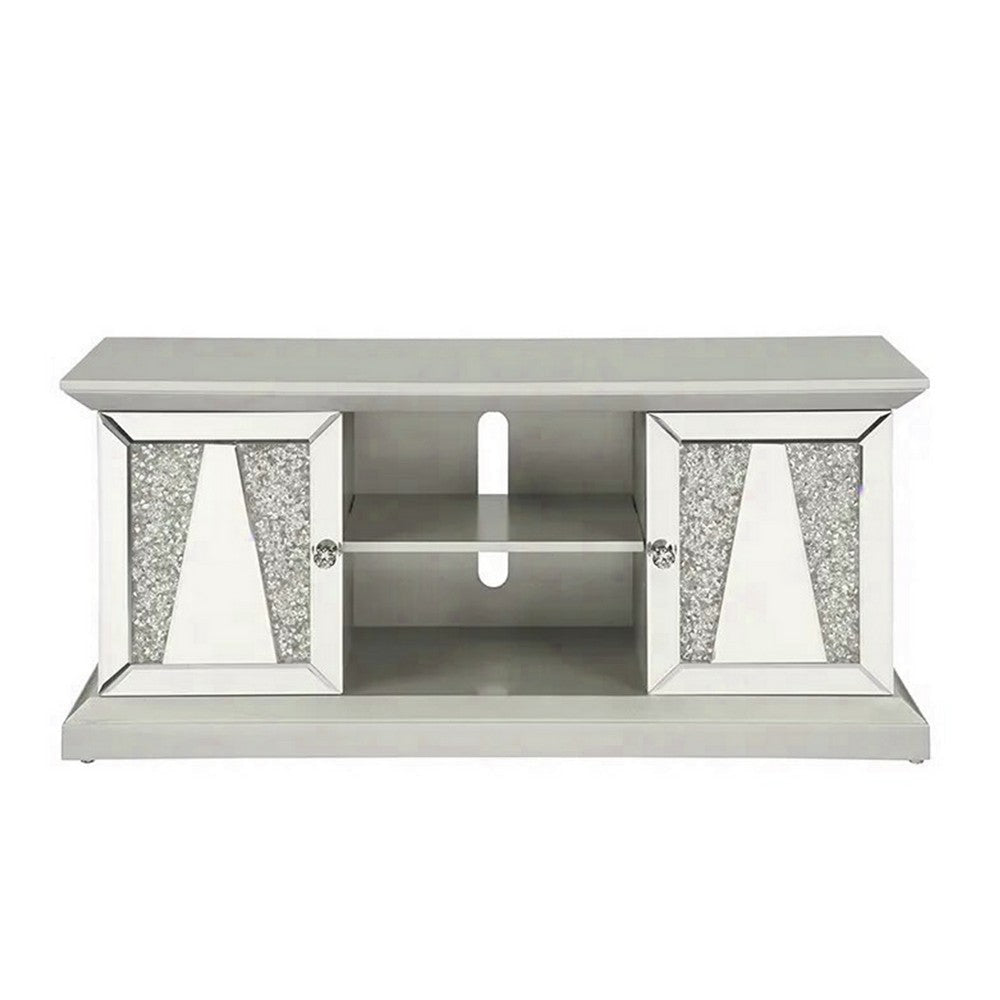 Rigo 60 Inch TV Entertainment Console, 2 Doors, Mirrored, Acrylic, Silver By Casagear Home