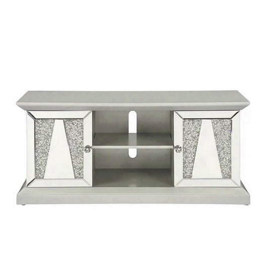 Rigo 60 Inch TV Entertainment Console, 2 Doors, Mirrored, Acrylic, Silver By Casagear Home