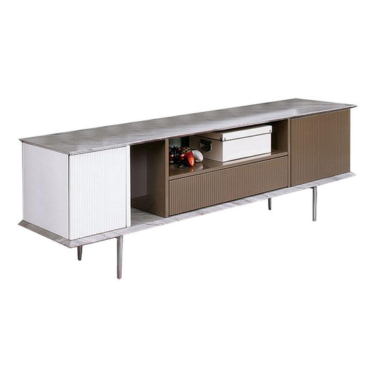 70 Inch TV Entertainment Console, 1 Drawer, Shelves, White, Brown, Gray By Casagear Home