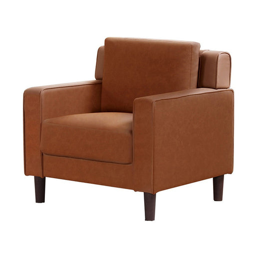 Heun 32 Inch Accent Chair, Soft Camel Brown Faux Leather, Square Track Arms By Casagear Home