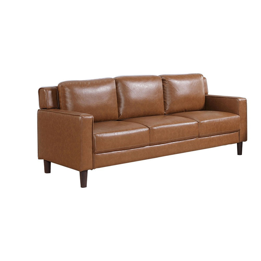 Heun 55 Inch Sofa, Modern, Soft Camel Brown Faux Leather, Square Track Arms By Casagear Home