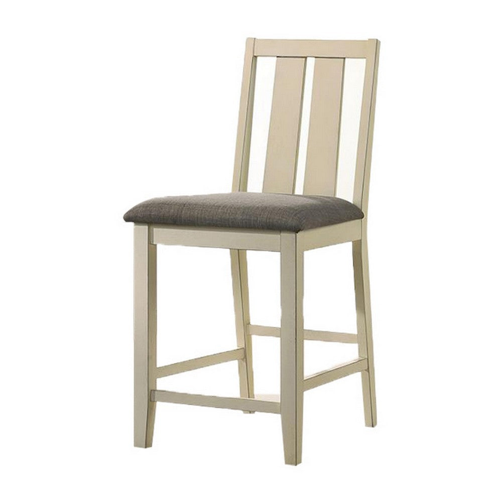 26 Inch Counter Height Chair Set of 2, Slat Back, Gray Seat, White Wood By Casagear Home