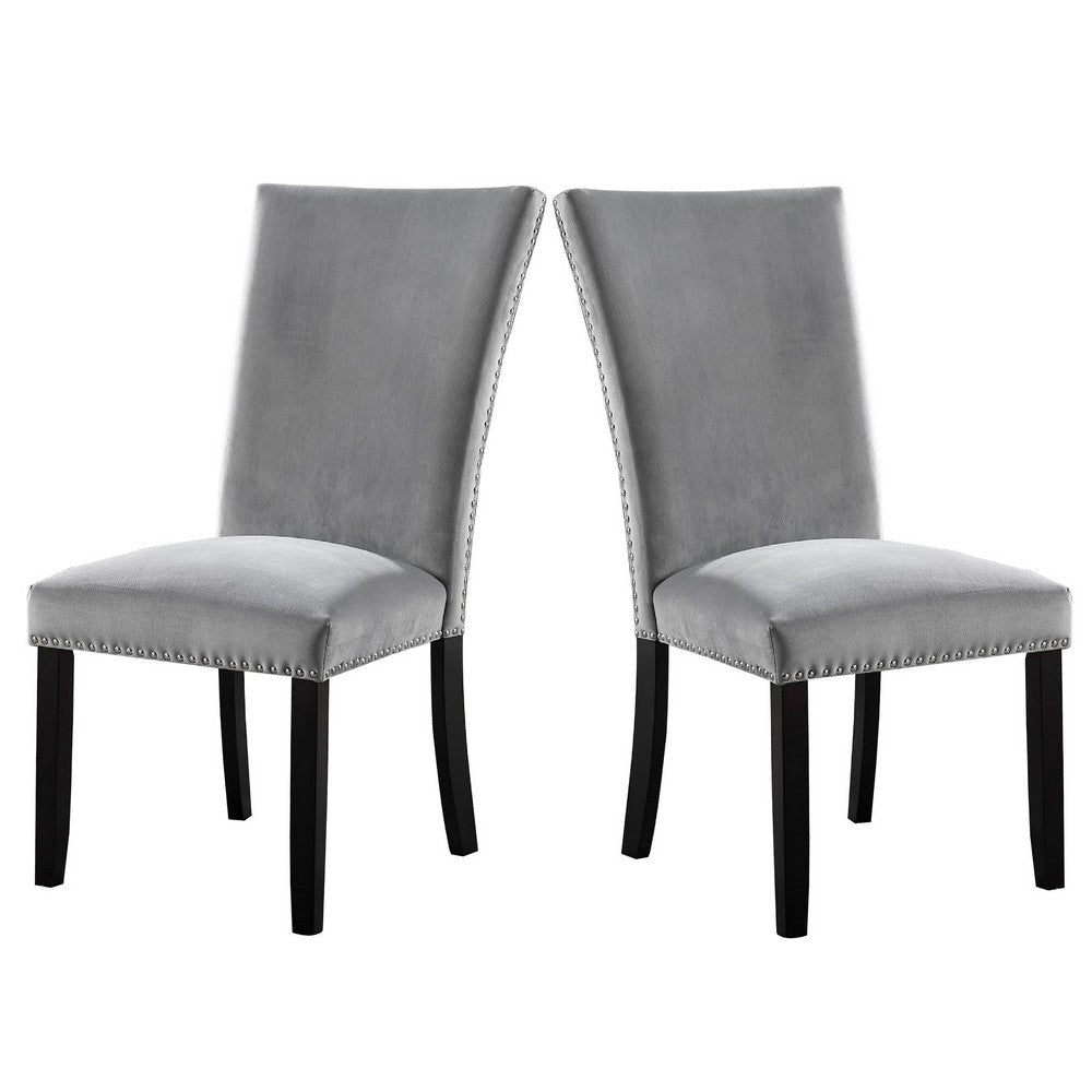 28 Inch Dining Side Chair Set of 2, Padded Gray Flannelette, Black Wood By Casagear Home