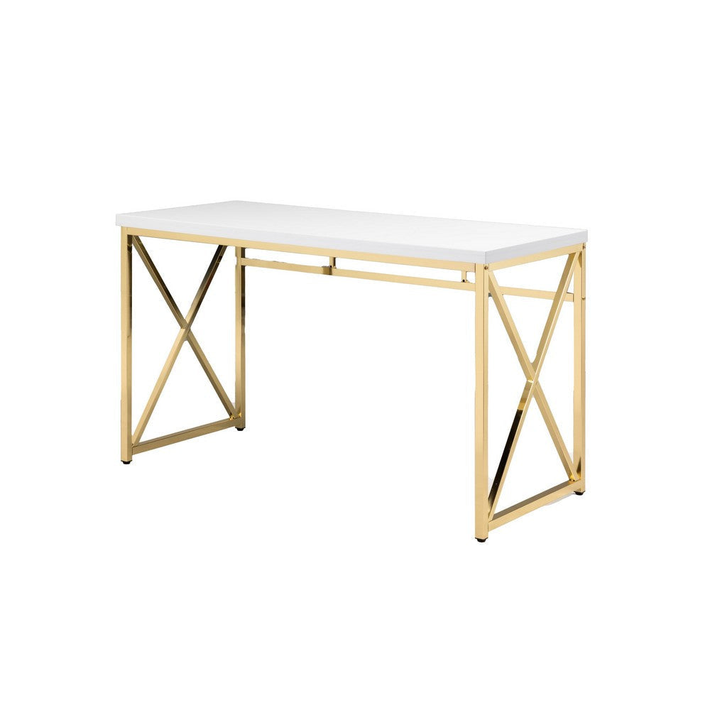 Gracie 47 Inch Desk, White Rectangular Top, Metal Legs in Gold Finish By Casagear Home