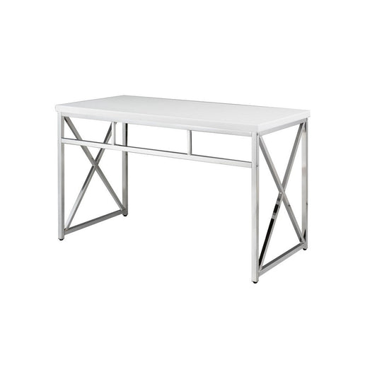 Gracie 47 Inch Desk, White Rectangular Top, Metal Legs in Chrome Finish By Casagear Home