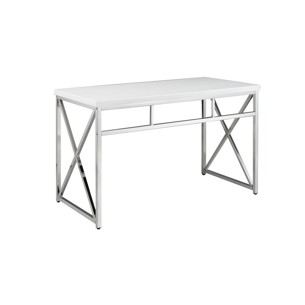 Gracie 47 Inch Desk White Rectangular Top Metal Legs in Chrome Finish By Casagear Home BM312269