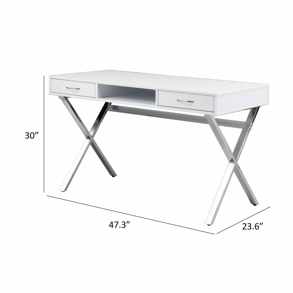 Gracie 47 Inch Desk White Rectangular Top 2 Drawers Chrome Metal Legs By Casagear Home BM312271