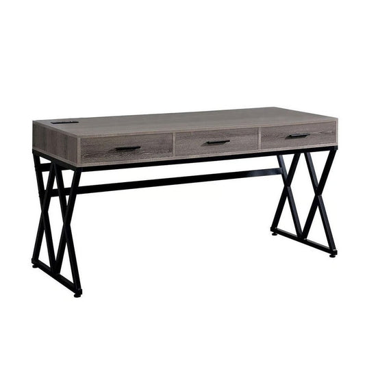 Gia 59 Inch Writing Desk, 3 Drawers, USB and Power Outlet, Gray, Sand Black By Casagear Home