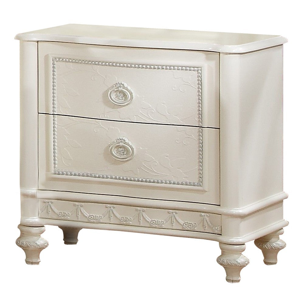 Dorie 26 Inch Nightstand with 2 Drawers, Oval Molded Trim, Ivory White Wood By Casagear Home