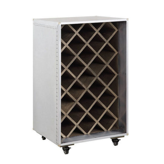 35 Inch Wine Cabinet, Nailhead Trim, Caster Wheels, Silver Aluminium Finish By Casagear Home