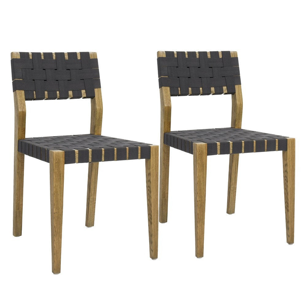 22 Inch Dining Side Chair Set of 2, Woven Black Polyester, Brown Oak Wood By Casagear Home