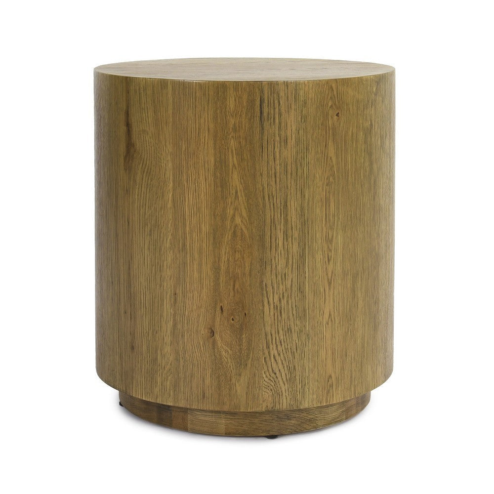 Cecil 22 Inch Side End Table, Round Oak Veneer, Plinth Base, Warm Brown By Casagear Home