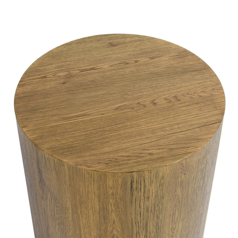 Cecil 22 Inch Side End Table Round Oak Veneer Plinth Base Warm Brown By Casagear Home BM312424