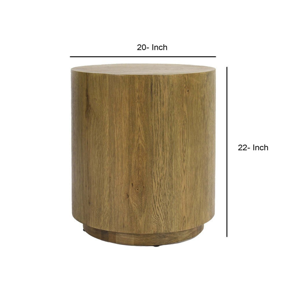 Cecil 22 Inch Side End Table Round Oak Veneer Plinth Base Warm Brown By Casagear Home BM312424