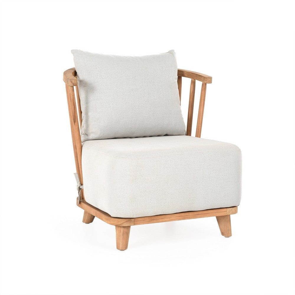 30 Inch Outdoor Accent Chair, White Olefin Upholstery, Cushion, Teak Wood By Casagear Home